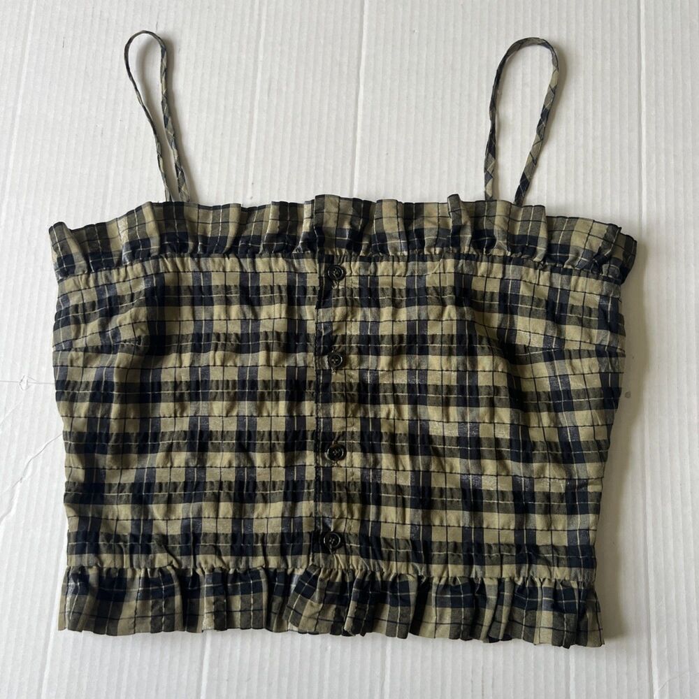 GANNI Green Black Gingham Seersucker Ruffle Tank Top Sz 36 / US 4 / S EUC